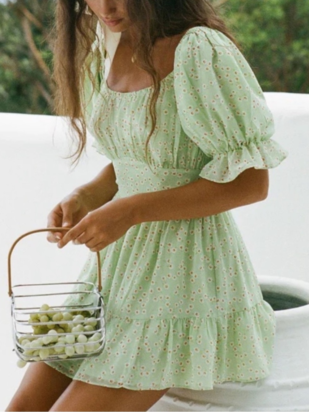 Sabo Skirt Green Floral Puff-Sleeve Mini Dress